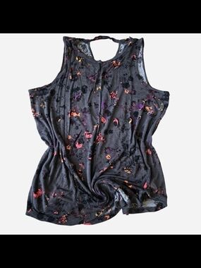 Sleeveless Black Floral Tank Top with Pink & Orange Accents